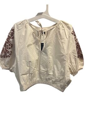 Embroidered Puff Sleeve Tie-Neck Top - Cream size L